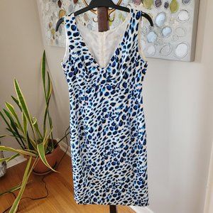 David Findlay White with Blue Leopard Print Sleeveless Dress US 4